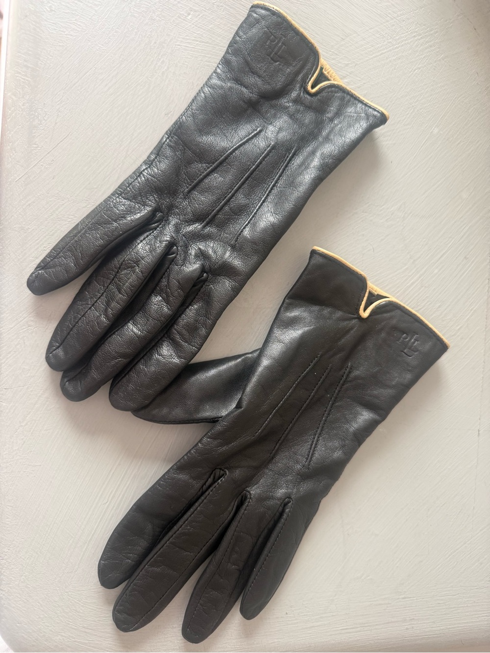 Lauren Ralph Lauren Black Leather Gloves with Tan Trim